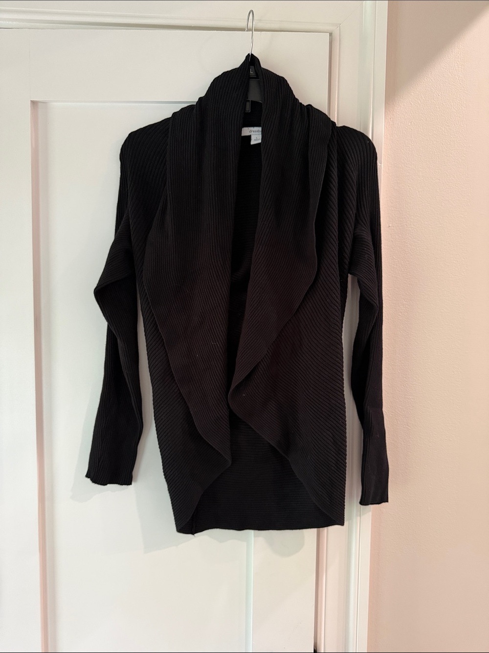 Dress Barn Black Ribbed Draped Open Cardigan